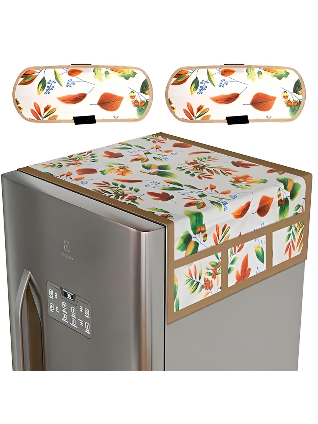 

LooMantha 3 Pcs Green & White Printed Fridge Top Cover With Handles
