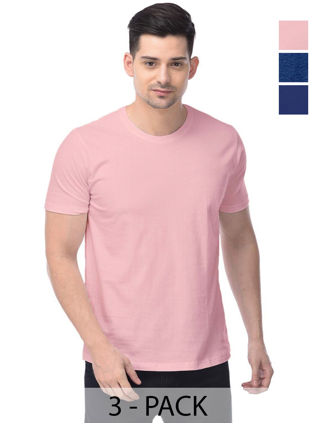 

COLOR CAPITAL Unisex Pack Of 3 Solid Round Neck Cotton T-shirts, Pink