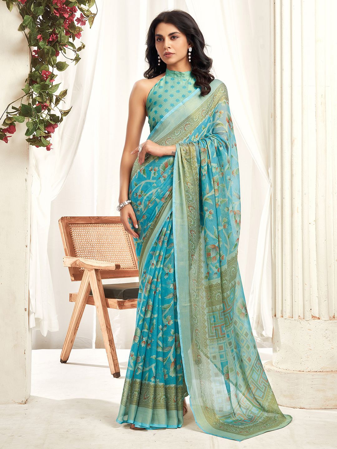 

KALINI Ethnic Motifs Pure Chiffon Saree, Blue