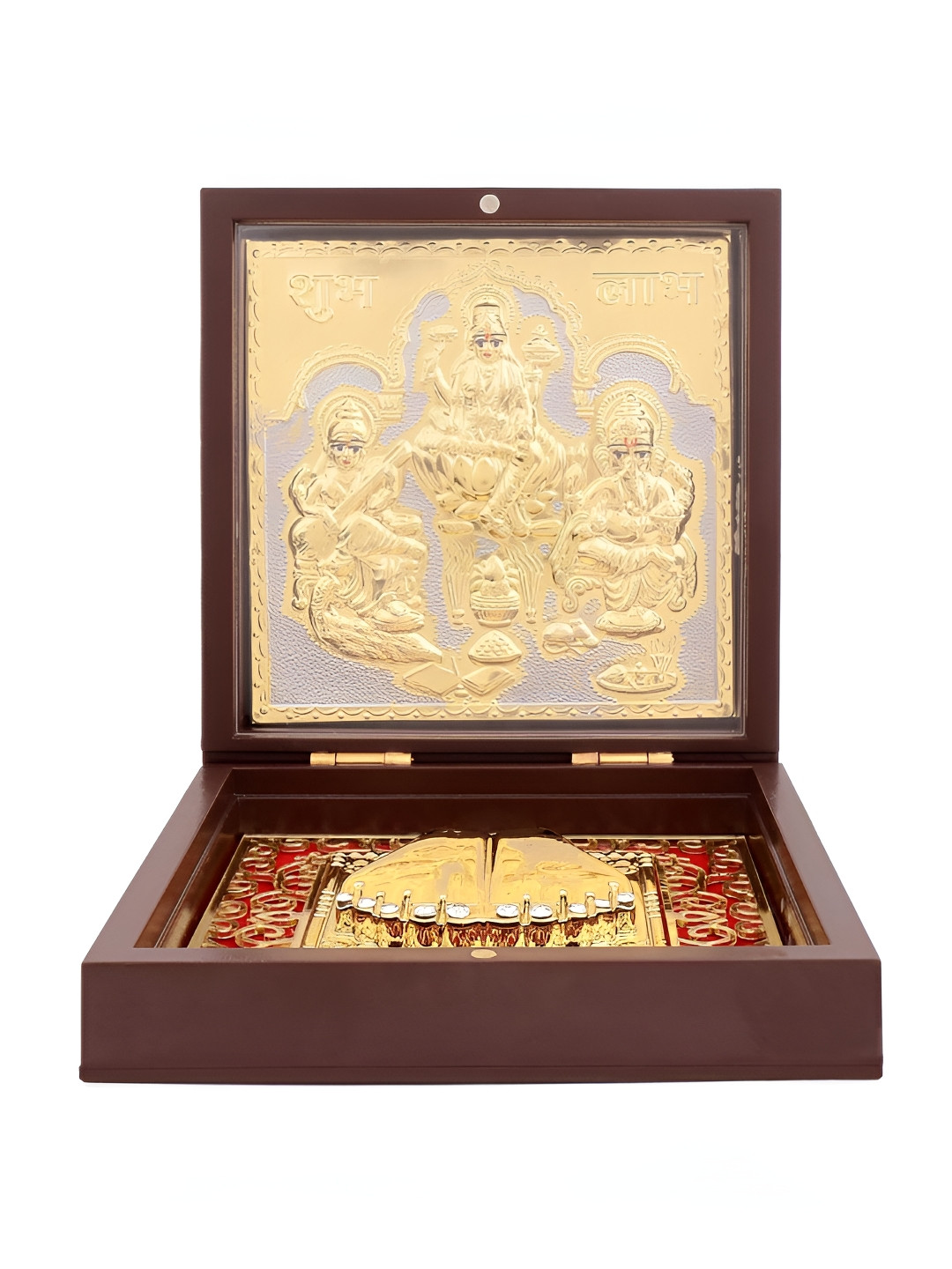 

INTERNATIONAL GIFT Brown Metal Laxmi Ganesh Saraswati Charan Paduka Box, Gold
