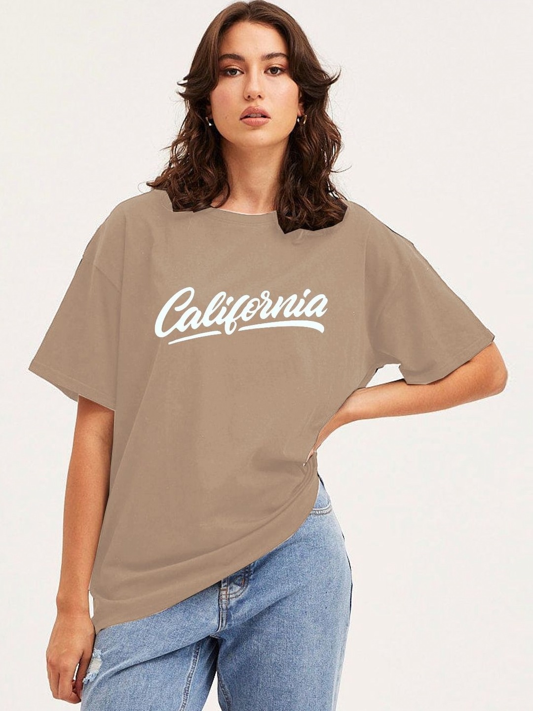 

CLAFOUTIS Women Typography Printed Round Neck Cotton Relaxed Fit T-shirt, Camel brown