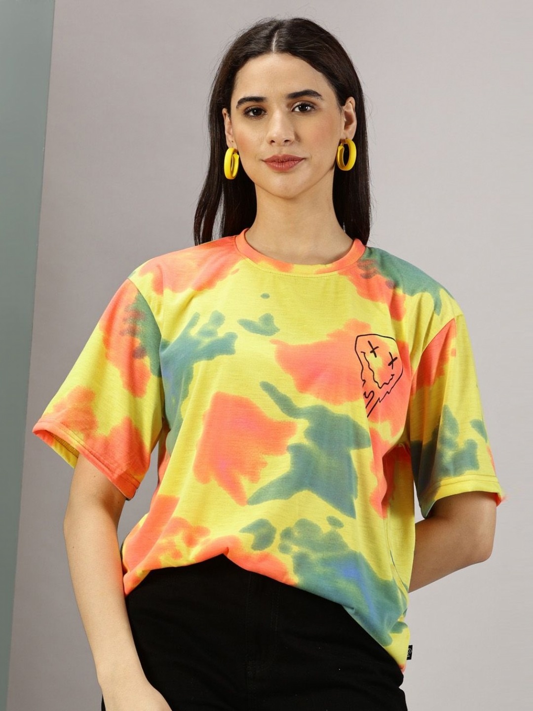 

Rodzen Women Dyed Round Neck Synthetic Oversized T-shirt, Yellow