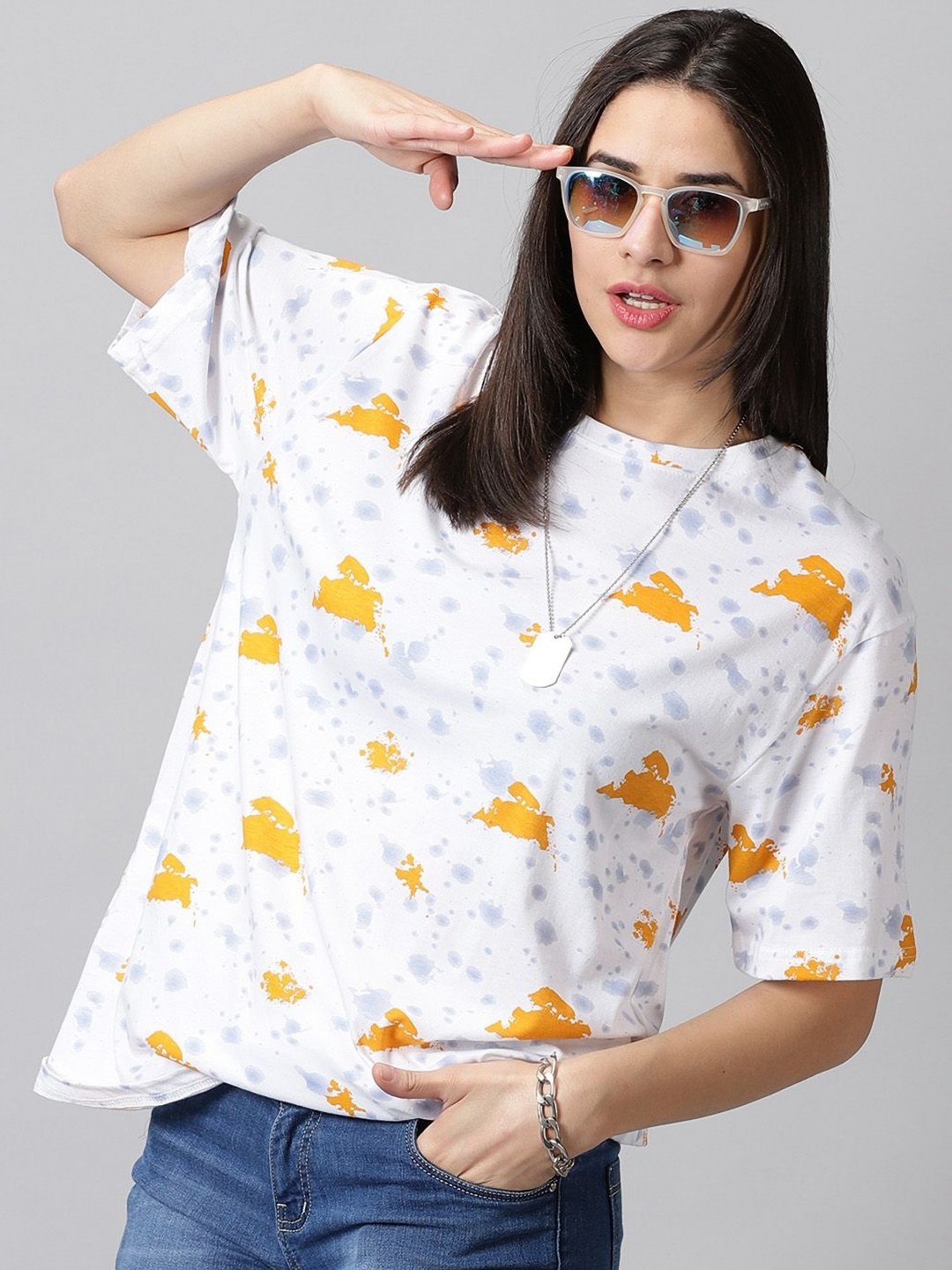 

Rodzen Women Abstract Printed Round Neck Cotton Oversized T-shirt, White