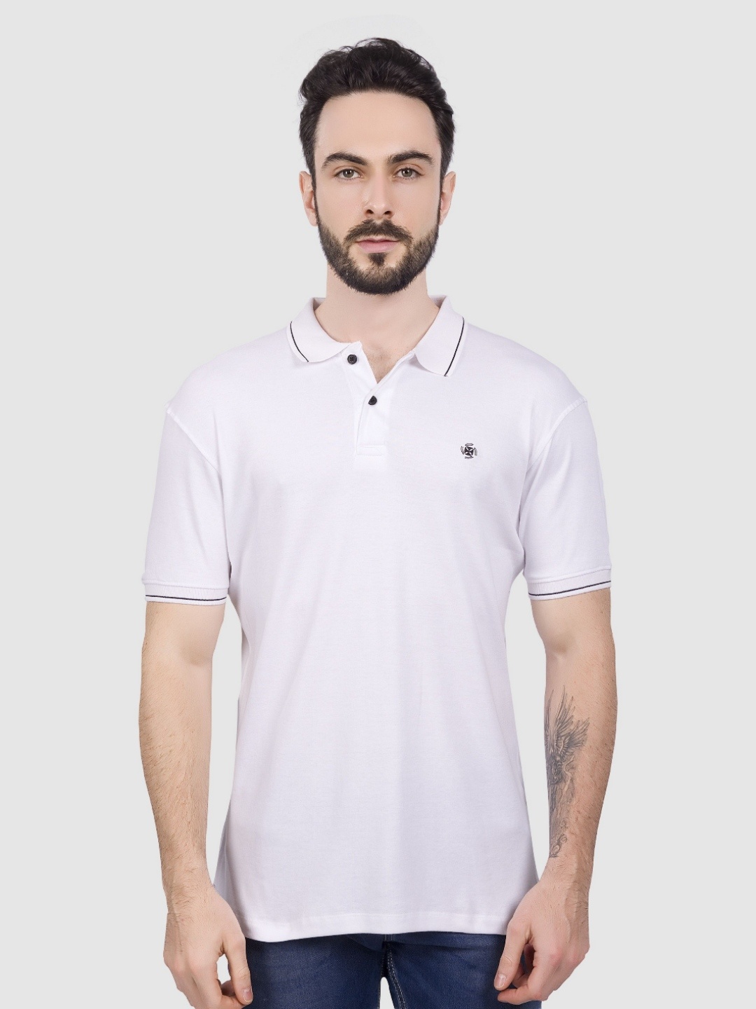 

KAEZRI Men Solid Polo Collar Cotton T-shirt, White