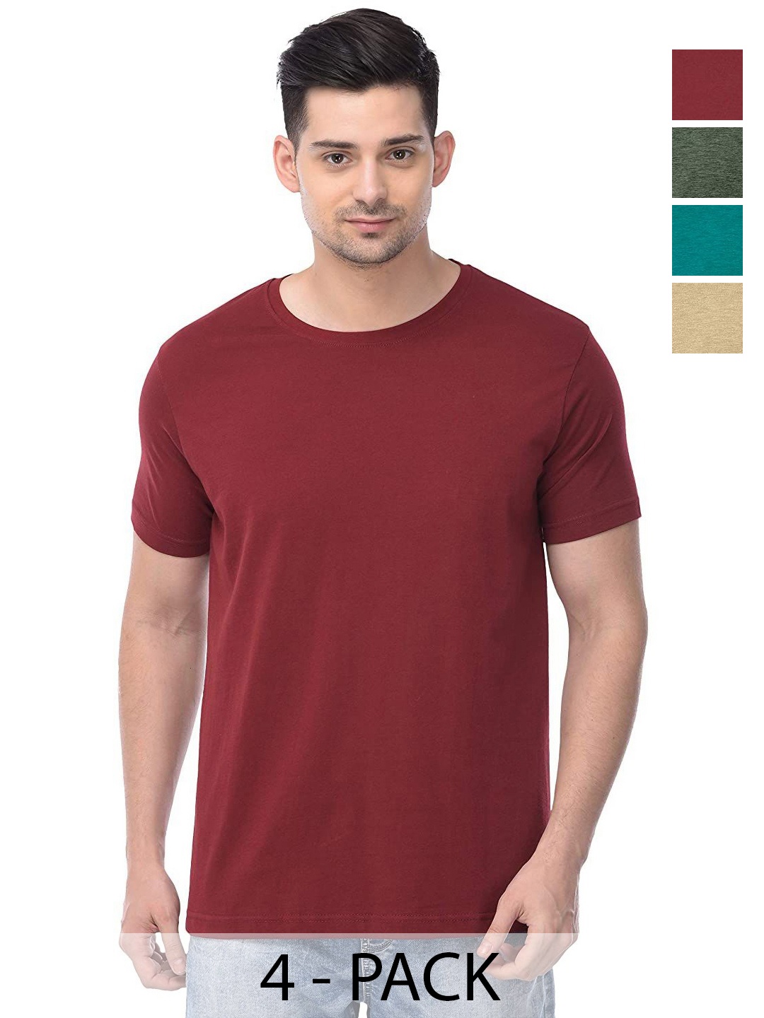 

COLOR CAPITAL Unisex Pack Of 4 Solid Round Neck Cotton T-shirts, Maroon