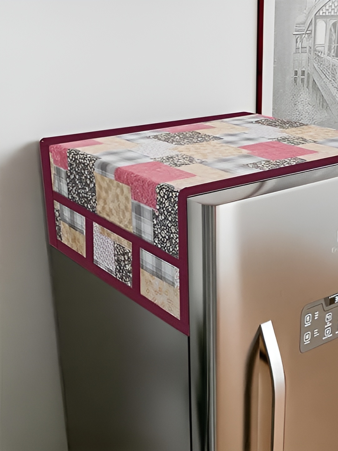 

LooMantha Beige & Maroon Printed Fridge Top Cover