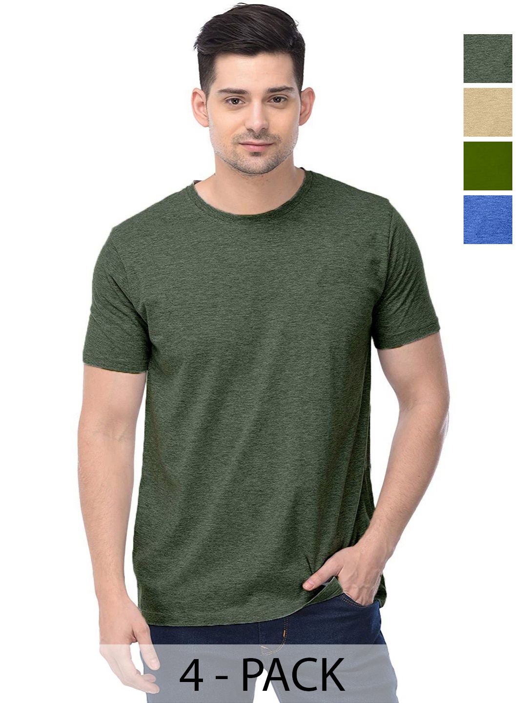 

COLOR CAPITAL Unisex Pack Of 4 Solid Round Neck Cotton T-shirts, Olive