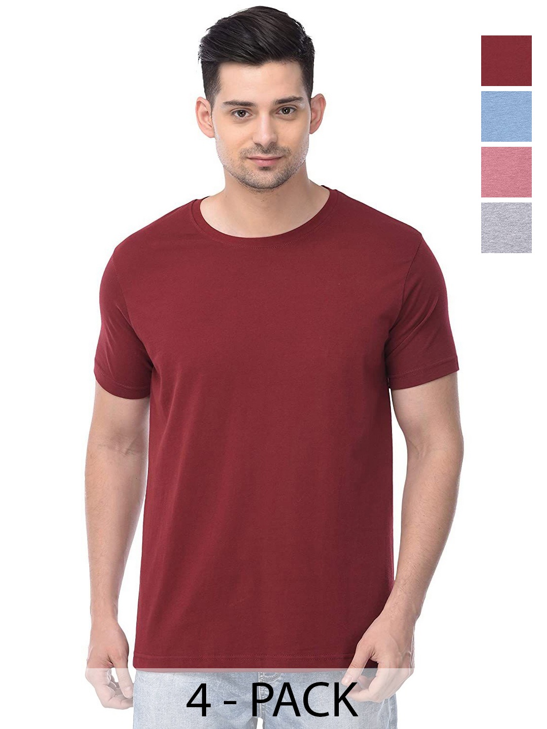 

COLOR CAPITAL Unisex Pack Of 4 Solid Round Neck Cotton T-shirts, Maroon