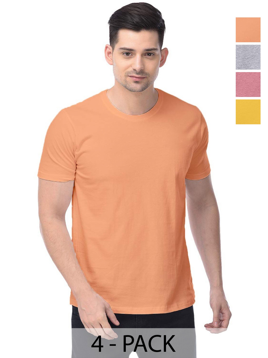 

COLOR CAPITAL Unisex Pack Of 4 Solid Round Neck Cotton T-shirts, Orange