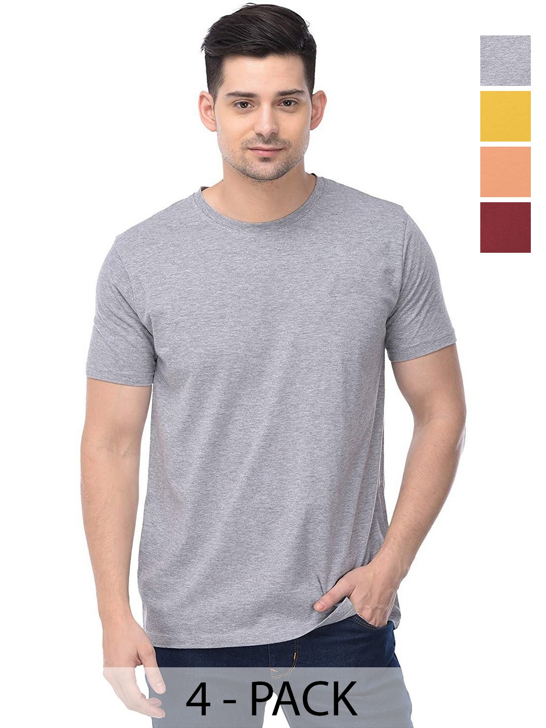 

COLOR CAPITAL Unisex Pack Of 4 Solid Round Neck Cotton T-shirts, Grey