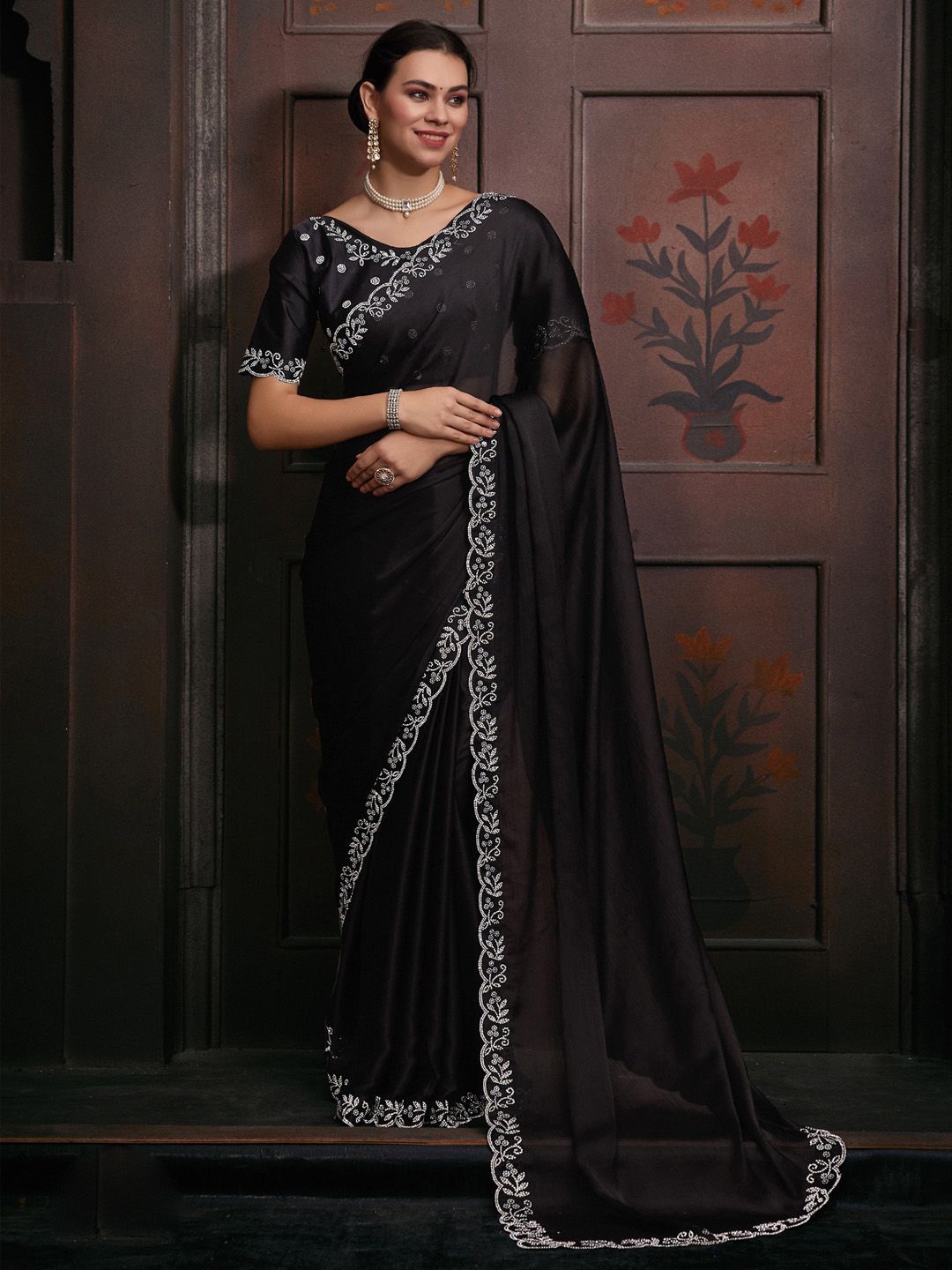 

Anouk Women Beads and Stones Saree With Embellished Border, Black