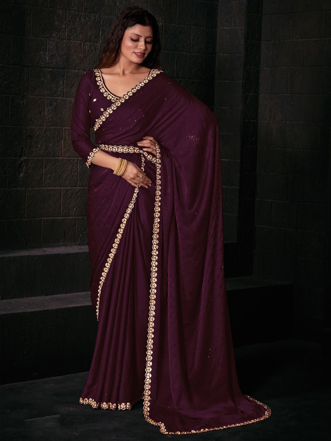 

Anouk Solid Beads and Stones Satin Saree, Purple