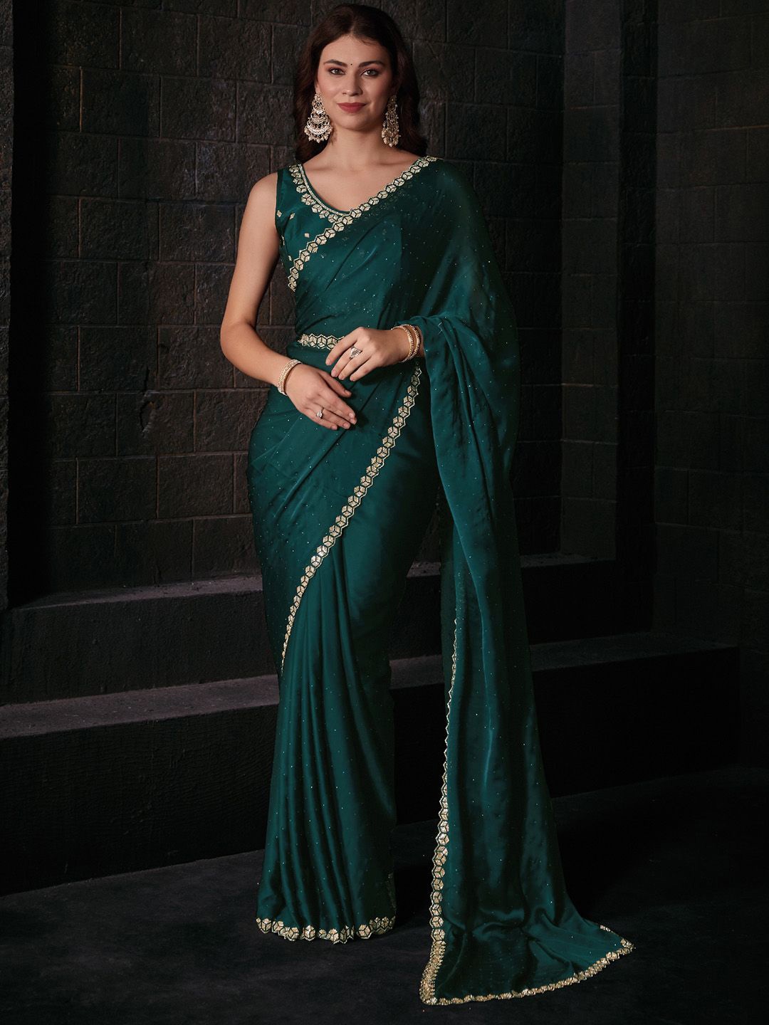 

Anouk Beads and Stones Satin Belted Saree, Teal