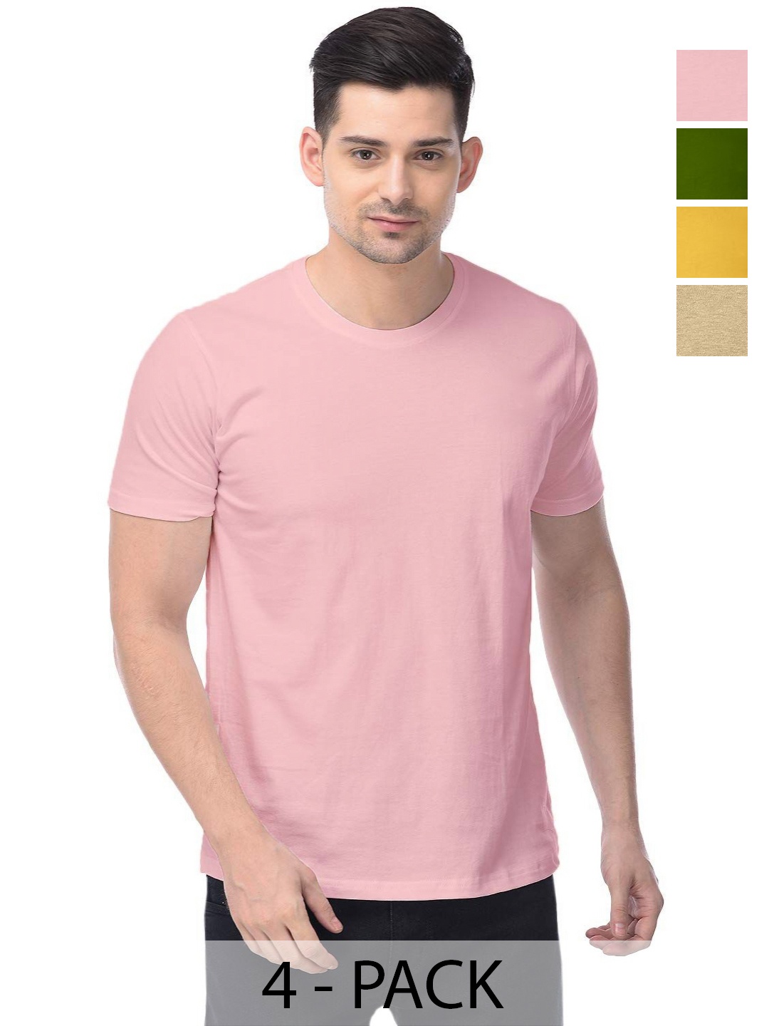 

COLOR CAPITAL Unisex Pack Of 4 Solid Round Neck Cotton T-shirts, Pink