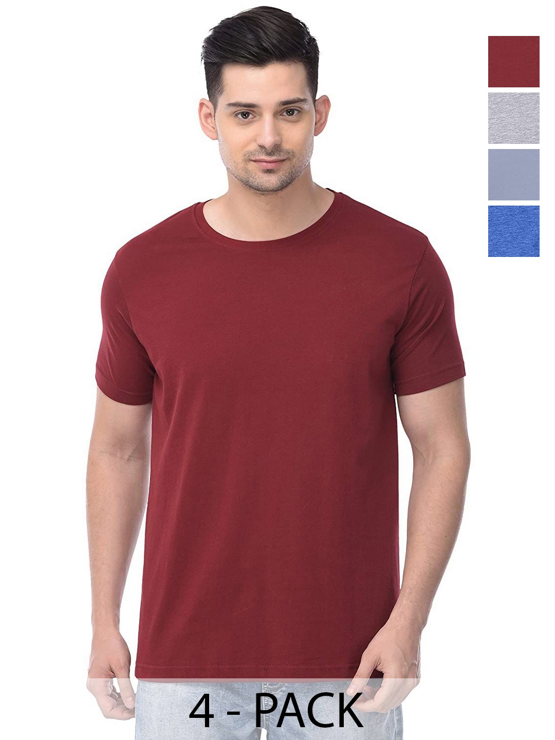 

COLOR CAPITAL Unisex Pack Of 4 Solid Round Neck Cotton T-shirts, Maroon