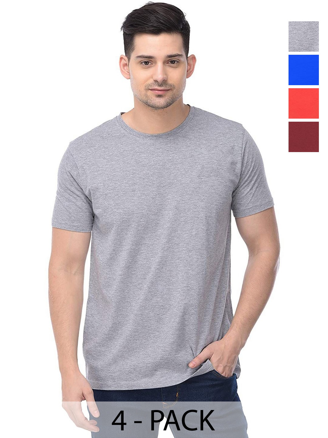 

COLOR CAPITAL Unisex Pack Of 4 Solid Round Neck Cotton T-shirts, Grey