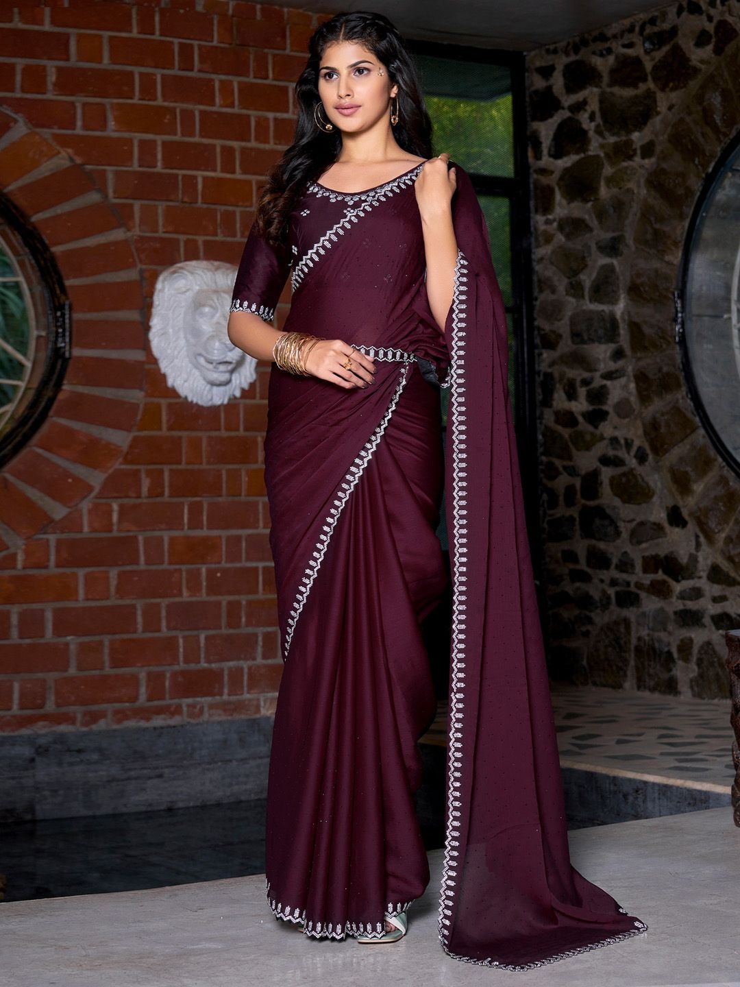 

Anouk Beads and Stones Pure Chiffon Designer Saree, Magenta