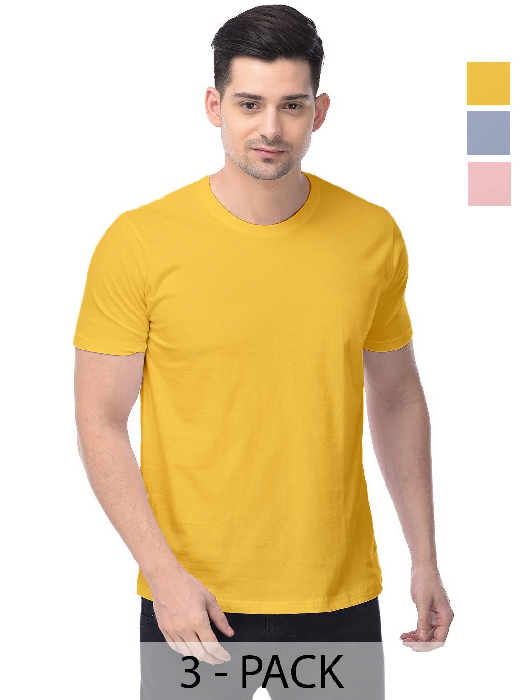

COLOR CAPITAL Unisex Pack Of 3 Solid Round Neck Cotton T-shirts, Yellow