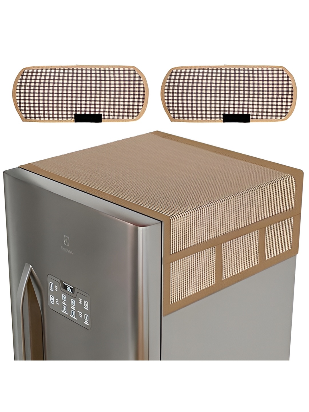 

LooMantha Brown & White 3 Pieces Checked Fridge Top Cover With Handles