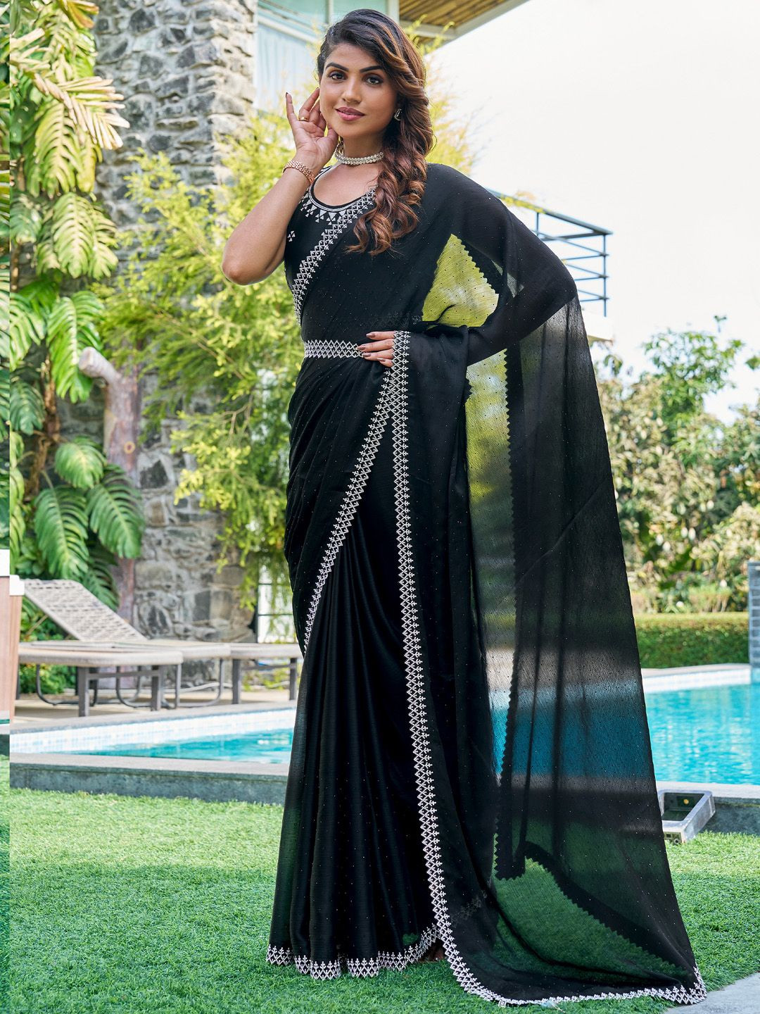 

Anouk Beads and Stones Pure Chiffon Saree, Black