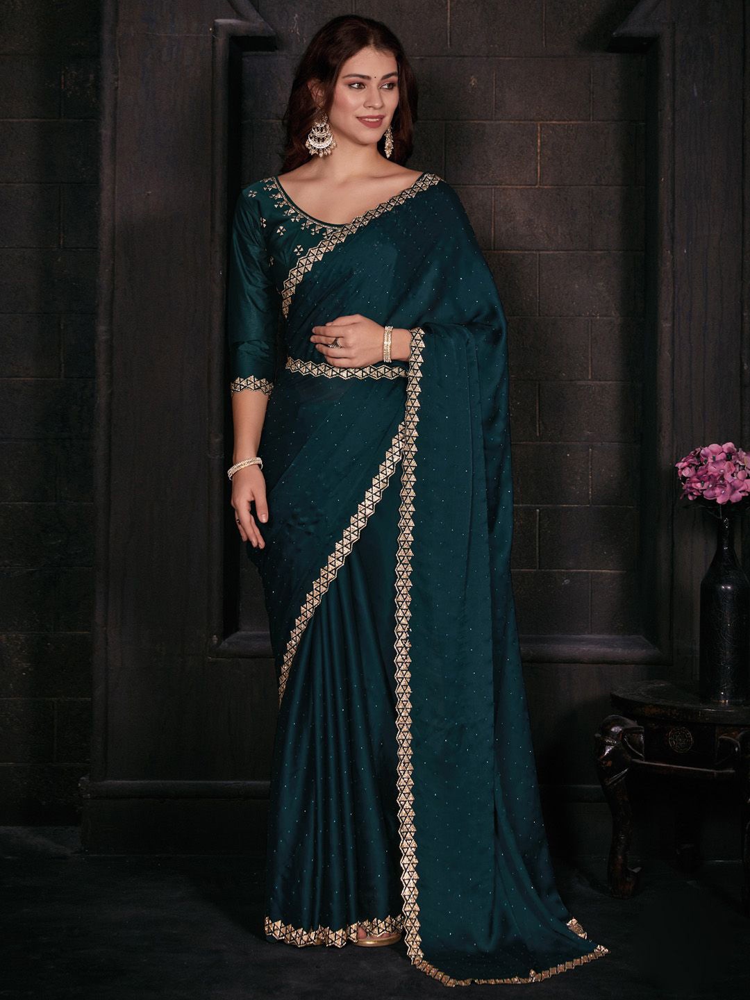 

Anouk Beads and Stones Belted Saree, Green