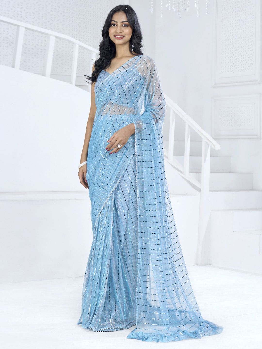 

Anouk Embellished Sequinned Ready to Wear Saree with blouse piece, Blue