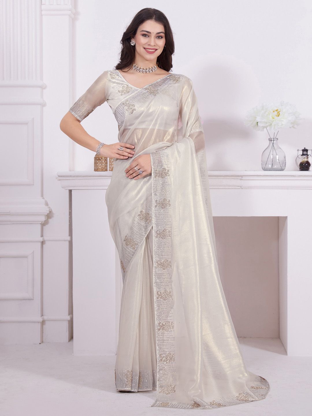 

Anouk Beads and Stones Solid Embellished Organza Saree, White