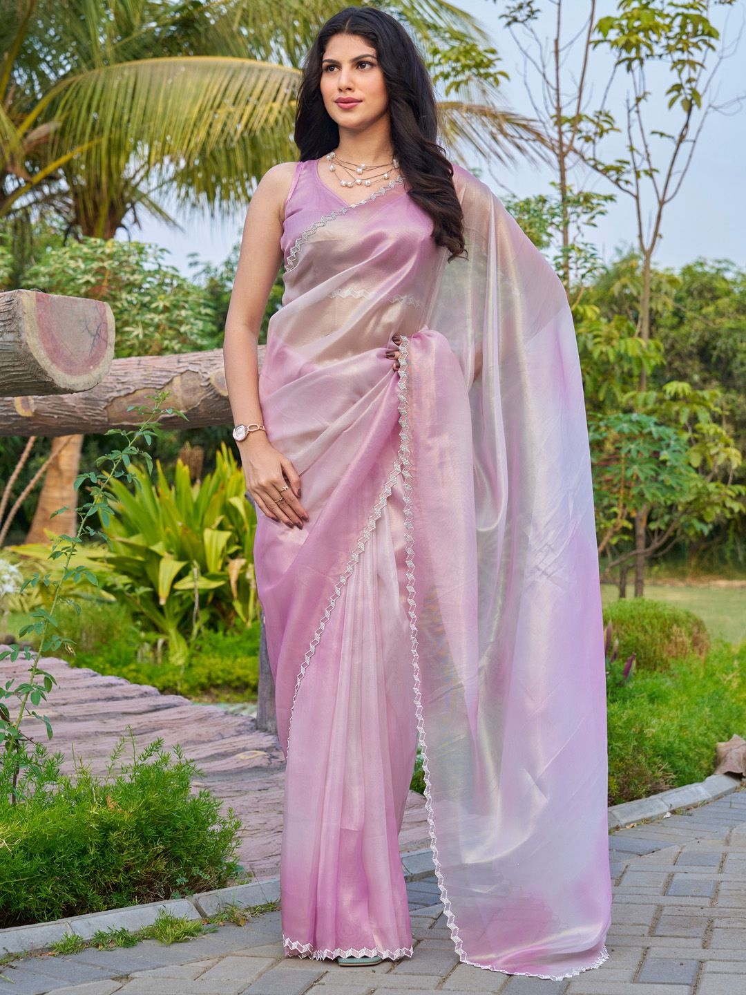 

Anouk Beads and Stones Organza Saree, Mauve