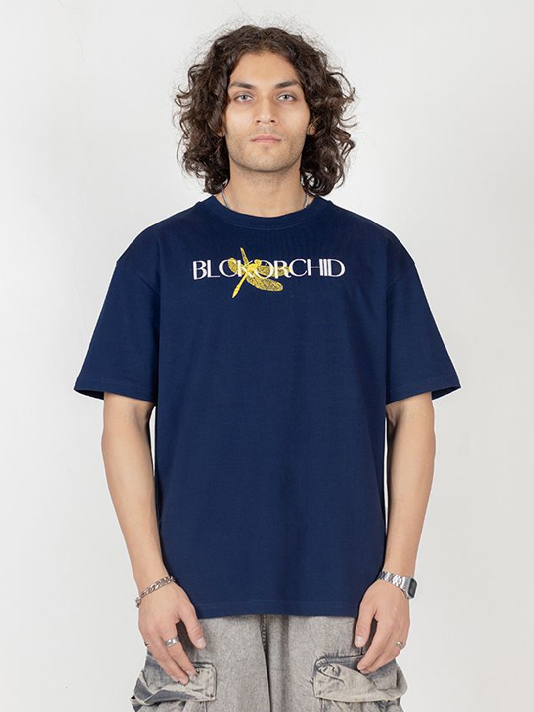 

BLCKORCHID Men Graphic Printed Round Neck Cotton Oversized T-shirt, Navy blue