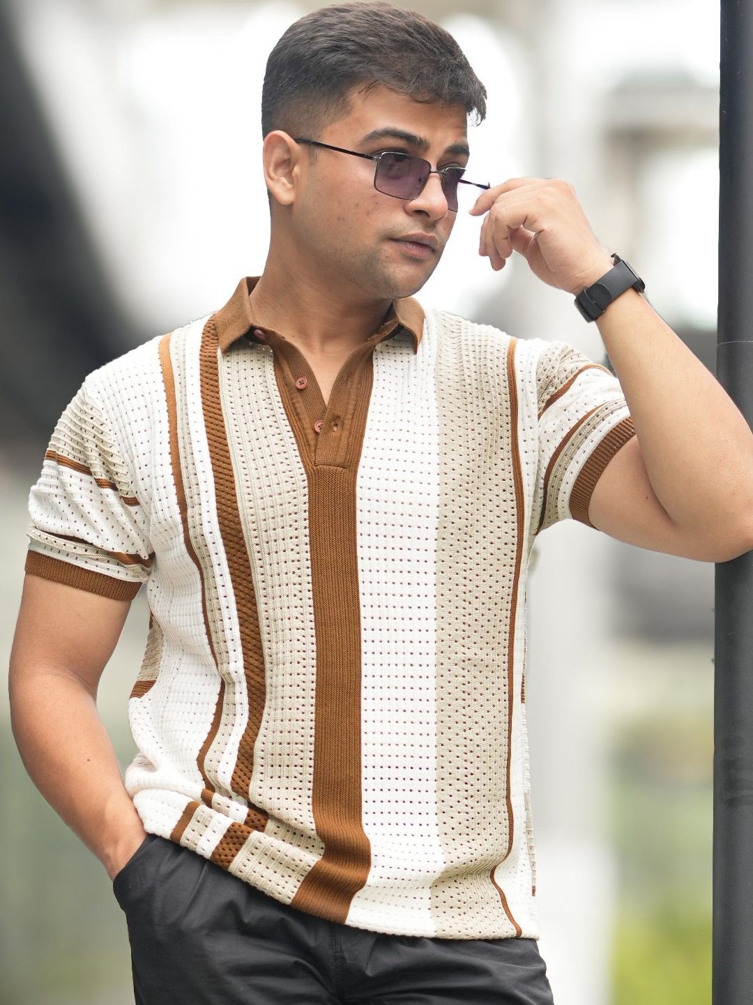 

Maniac Men Self Design Polo Collar Cotton Slim Fit T-shirt, Beige
