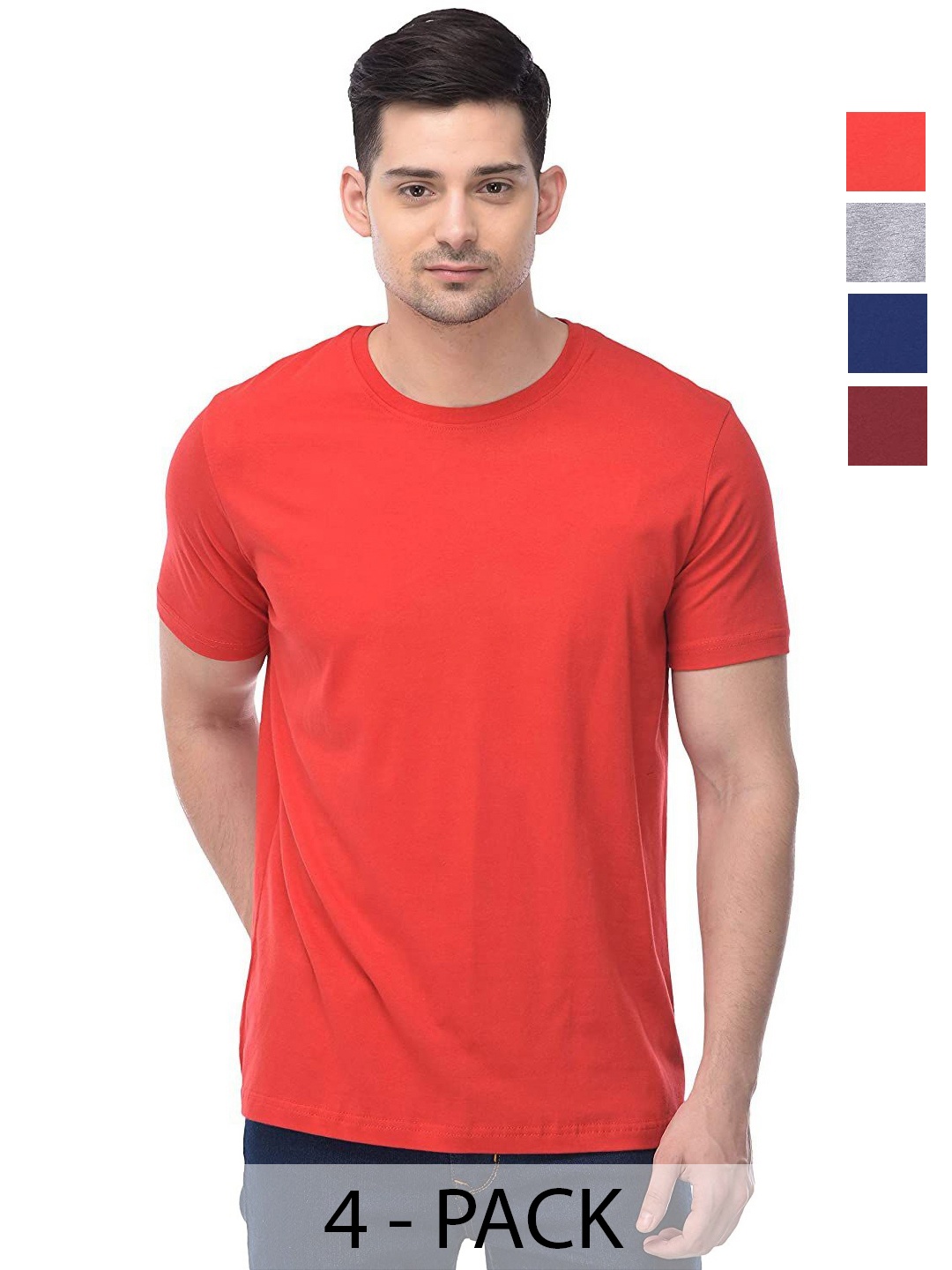 

COLOR CAPITAL Unisex Pack Of 4 Solid Round Neck Cotton T-shirts, Red