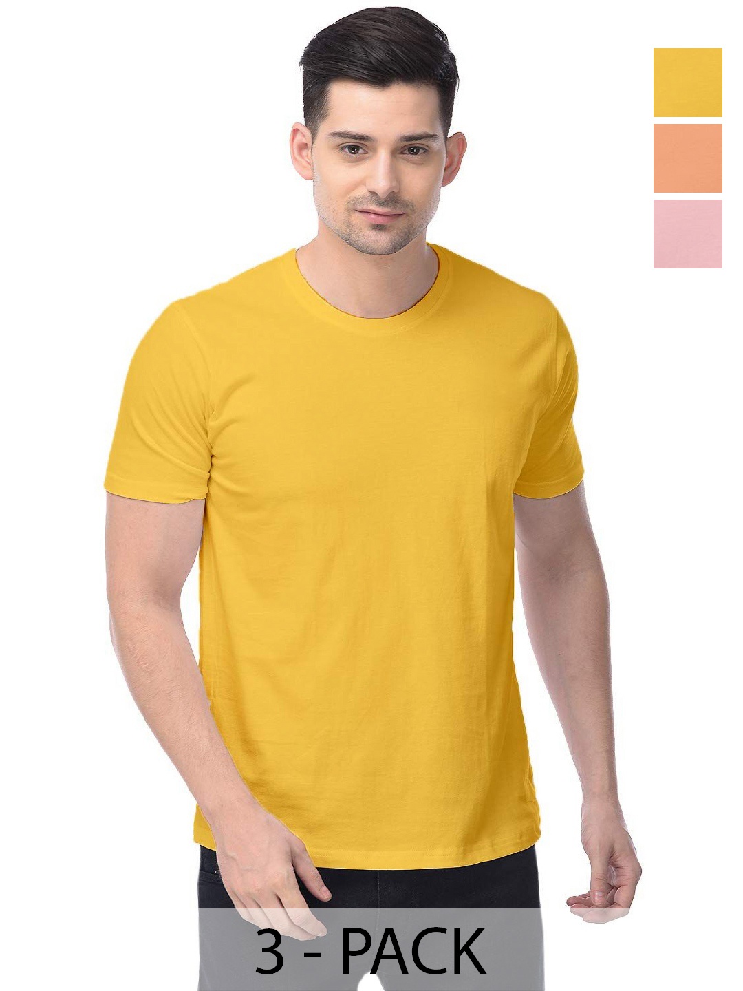 

COLOR CAPITAL Unisex Pack Of 3 Solid Round Neck Cotton T-shirts, Yellow