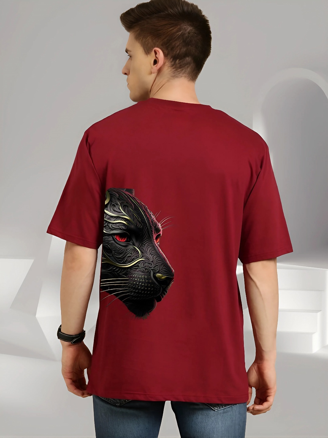 

Elibolz Men Graphic Printed Round Neck Cotton Oversized T-shirt, Maroon
