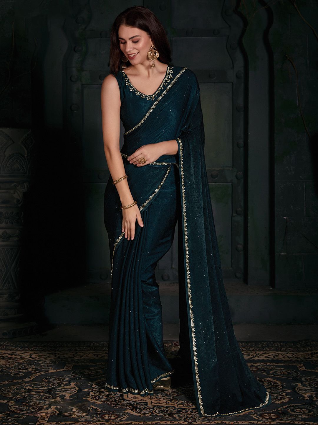 

Anouk Beads and Stones Embellished Solid Velvet party wear Saree, Turquoise blue