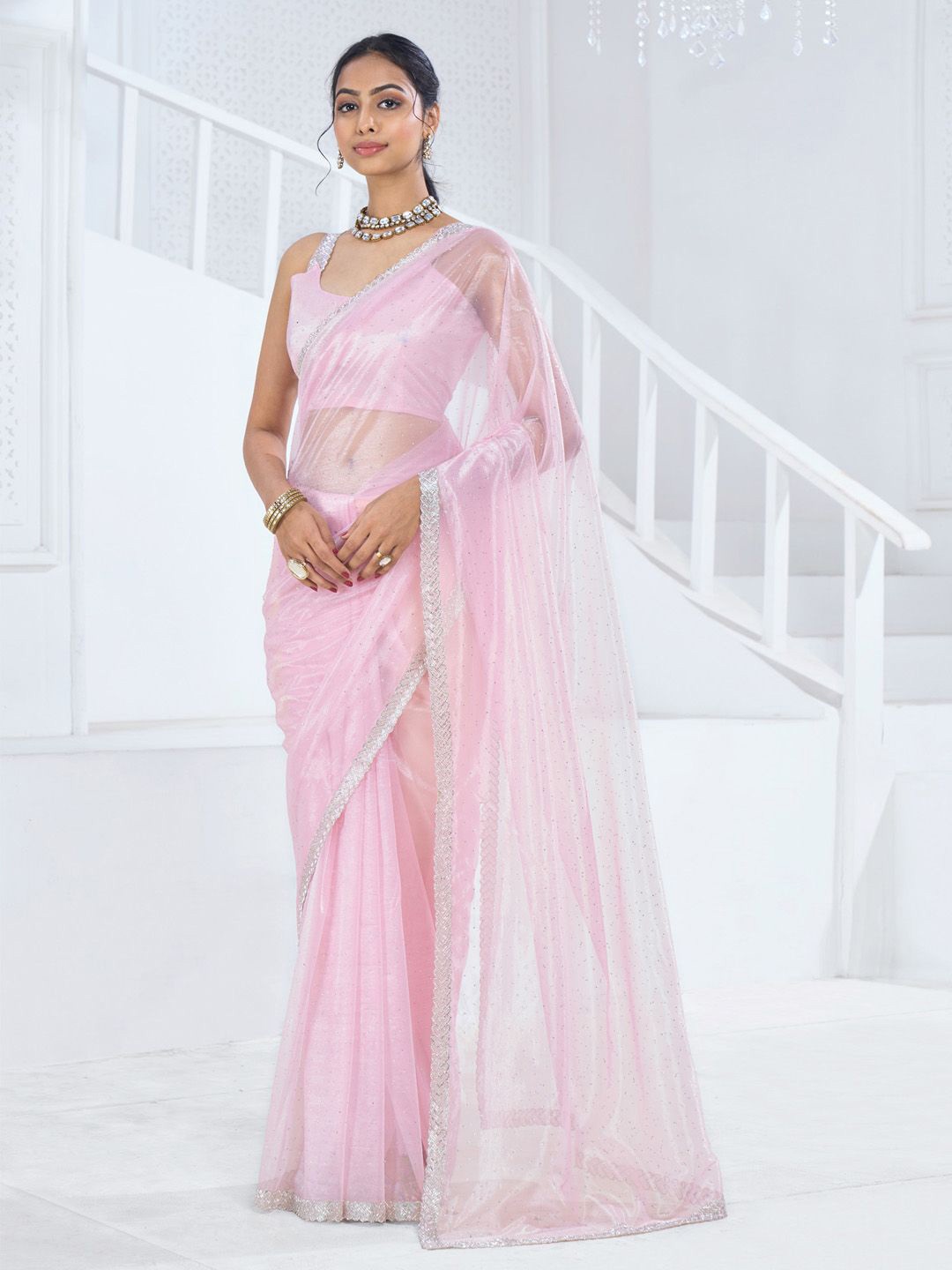 

Anouk Embellished Aari Work Saree, Pink