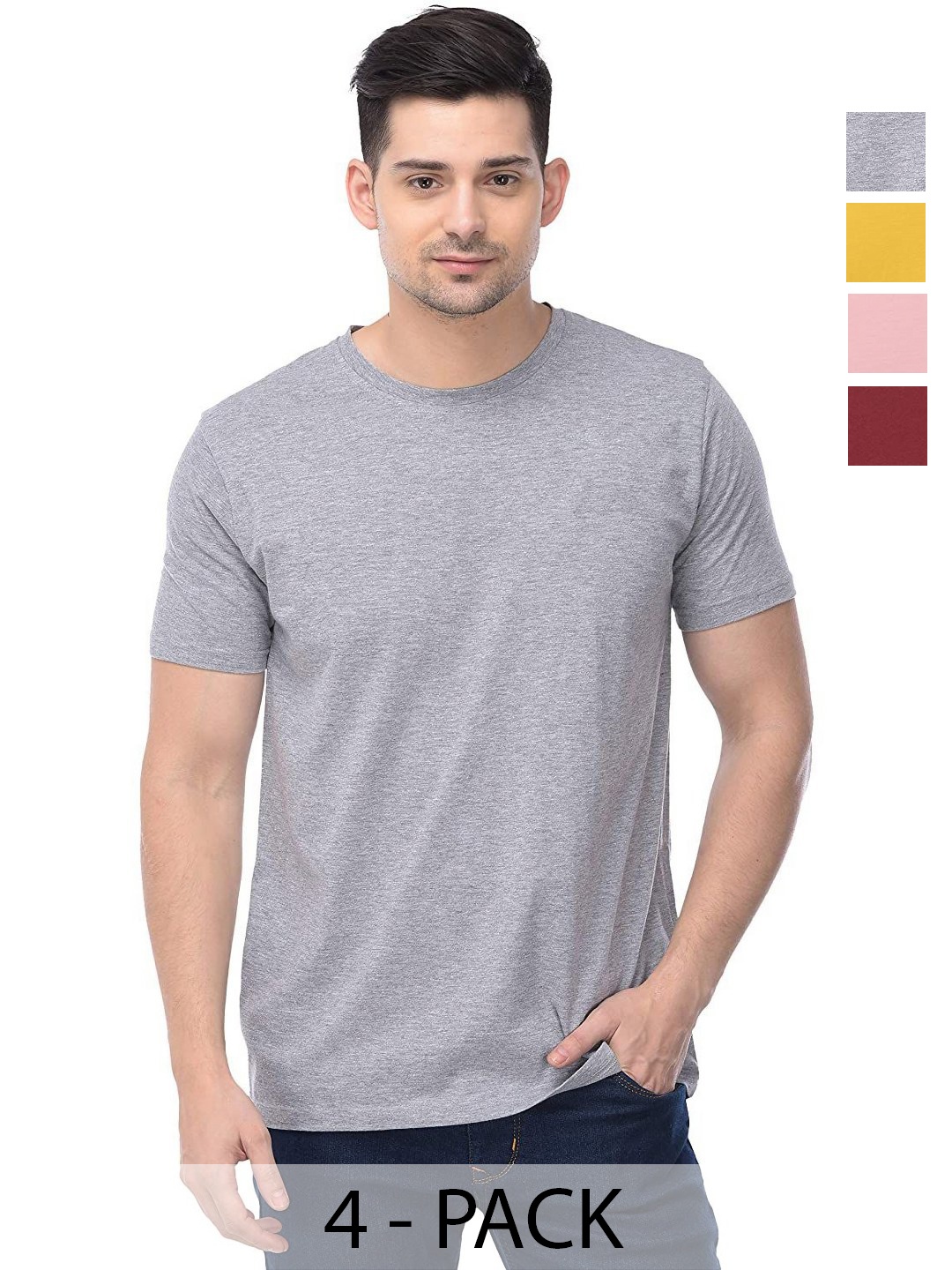 

COLOR CAPITAL Unisex Pack Of 4 Solid Round Neck Cotton T-shirts, Grey