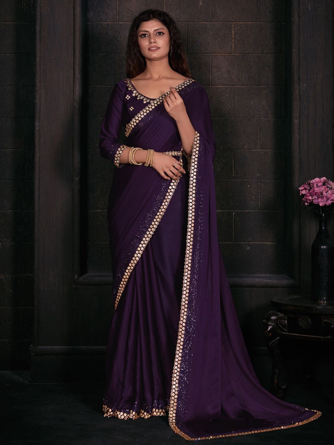 

Anouk Beads and Stones Satin Saree, Purple
