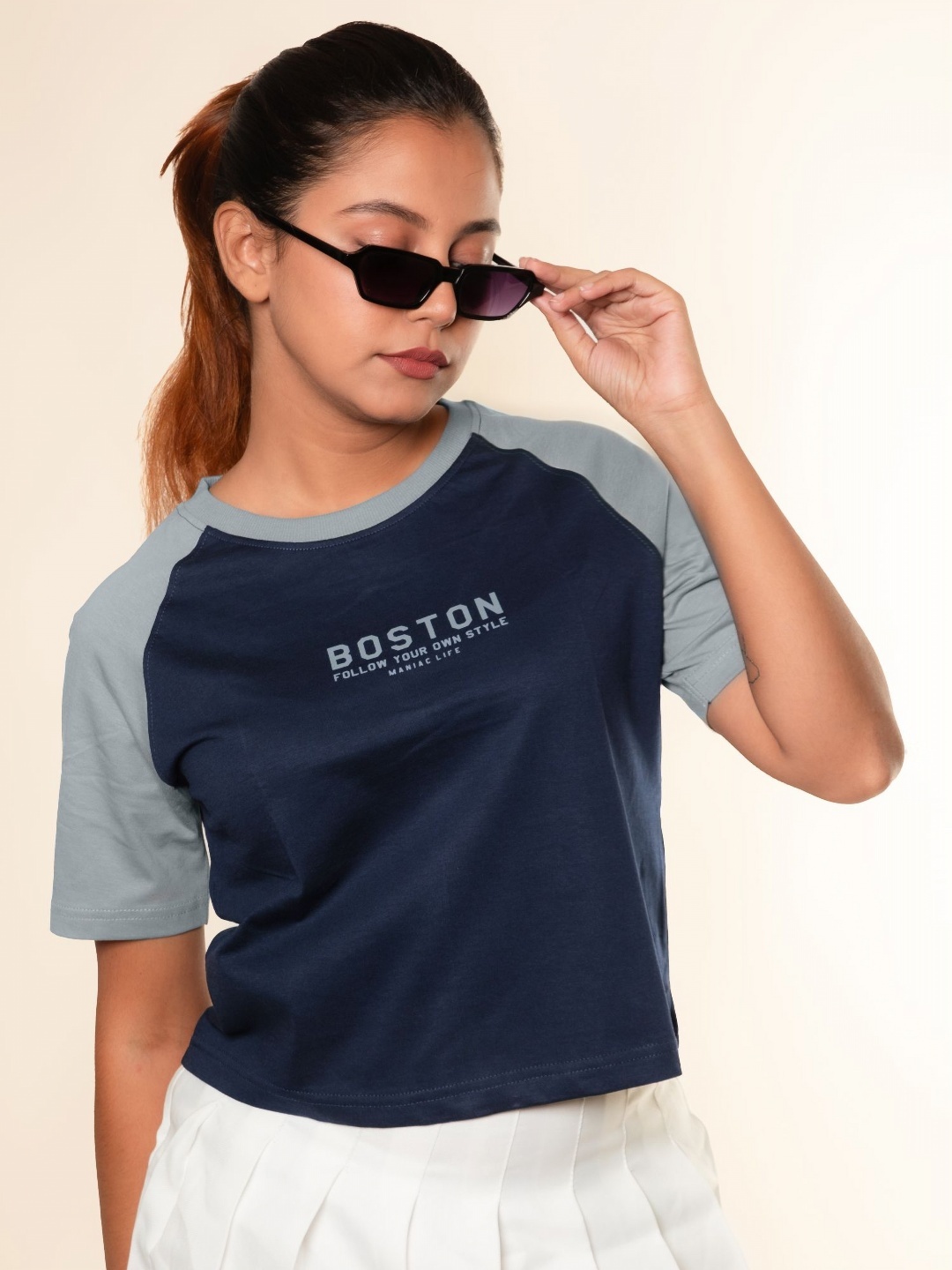 

Maniac Women Typography Printed Round Neck Cotton Boxy Fit T-shirt, Navy blue