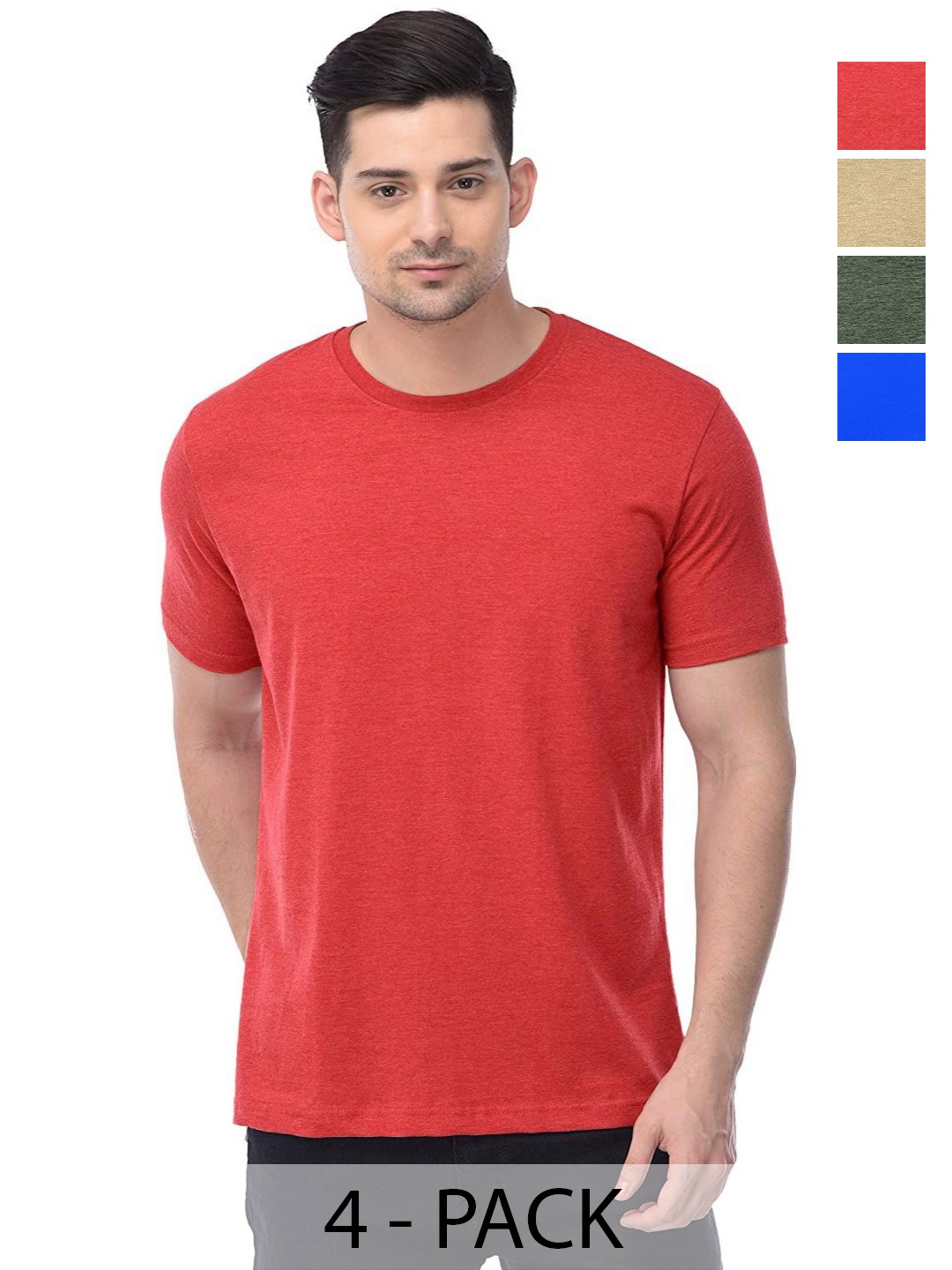 

COLOR CAPITAL Unisex Pack Of 4 Solid Round Neck Cotton T-shirts, Red