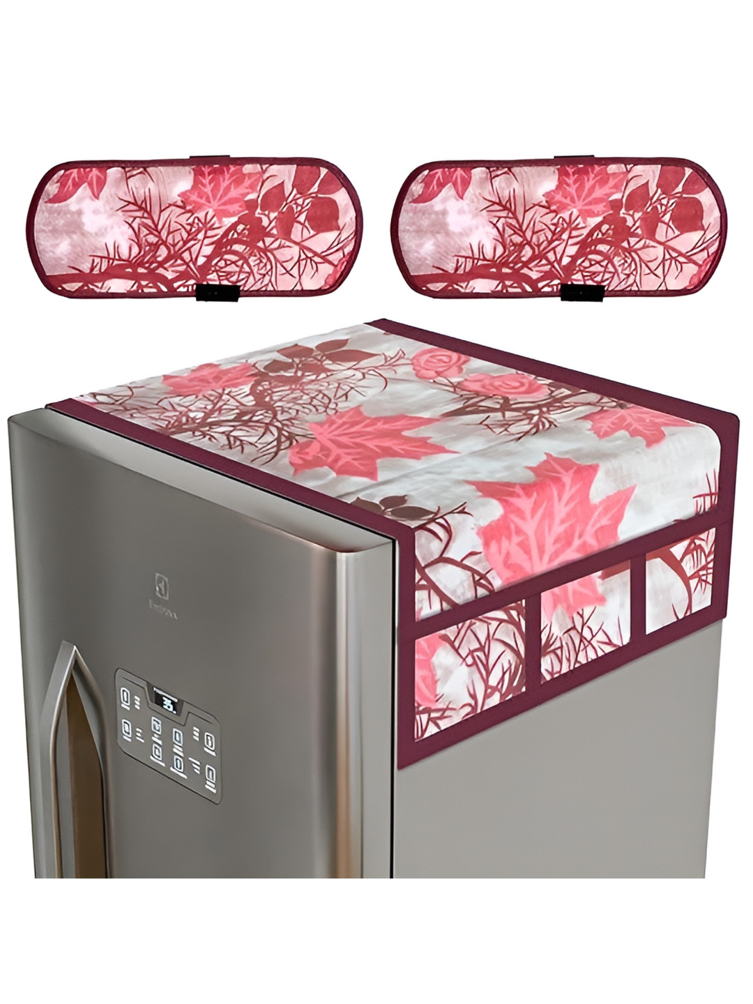 

LooMantha Maroon & Pink 3 Pieces Printed Fridge Top Cover With Handles