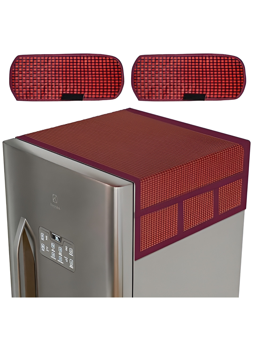 

LooMantha Red & Black 3 Pieces Checked Fridge Top Cover With Handles, Maroon