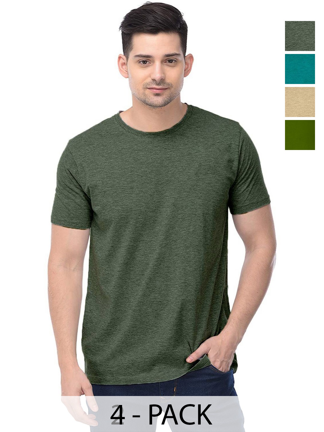 

COLOR CAPITAL Unisex Pack Of 4 Solid Round Neck Cotton T-shirts, Olive