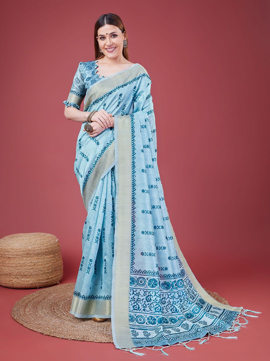 

DOI MOI Ethnic Motifs Printed Zari Banarasi Saree, Blue