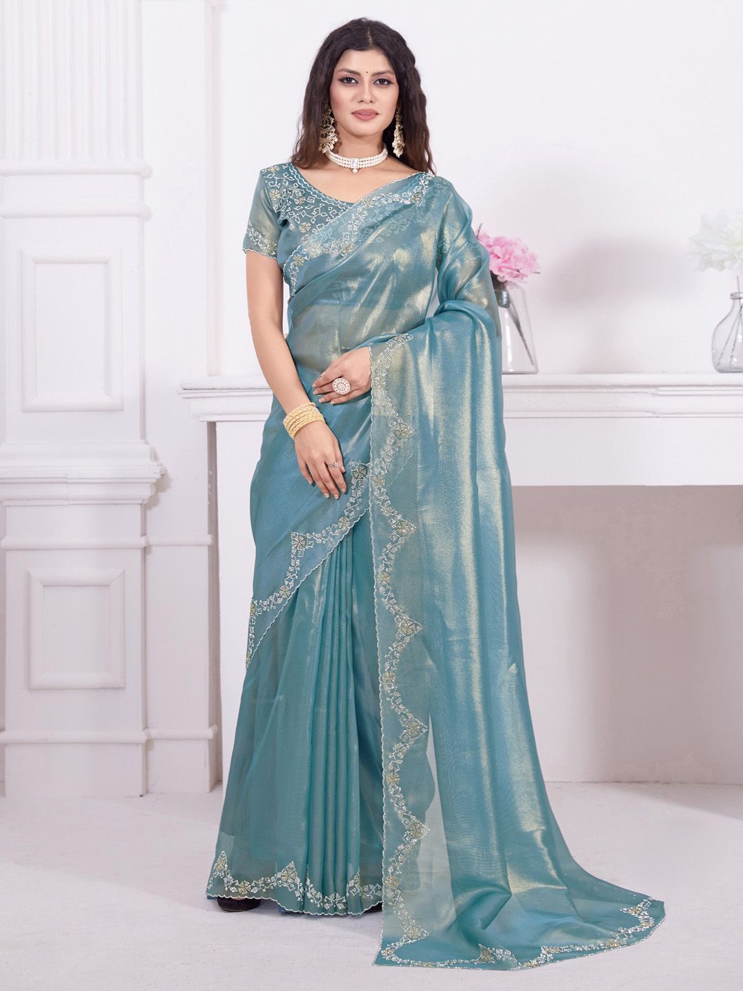 

Anouk Beads and Stones Embellished Party Wear Saree, Teal