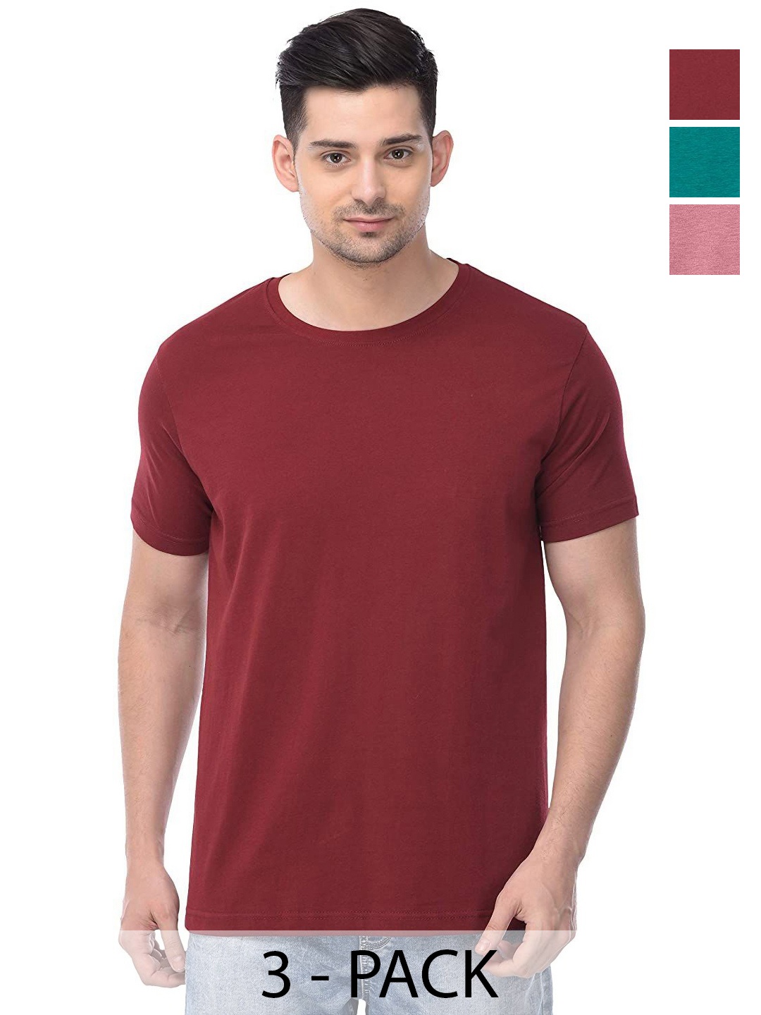 

COLOR CAPITAL Unisex Pack Of 3 Solid Round Neck Cotton T-shirts, Maroon