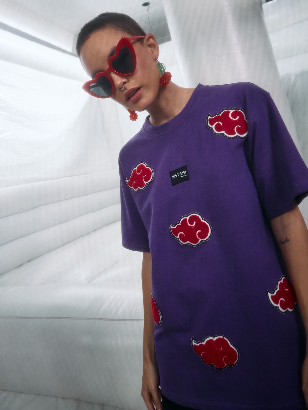 

ALMOST SANE Women Solid Round Neck Cotton Oversized T-shirts, Purple