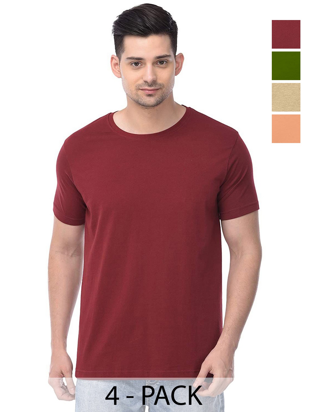 

COLOR CAPITAL Unisex Pack Of 4 Solid Round Neck Cotton T-shirts, Maroon