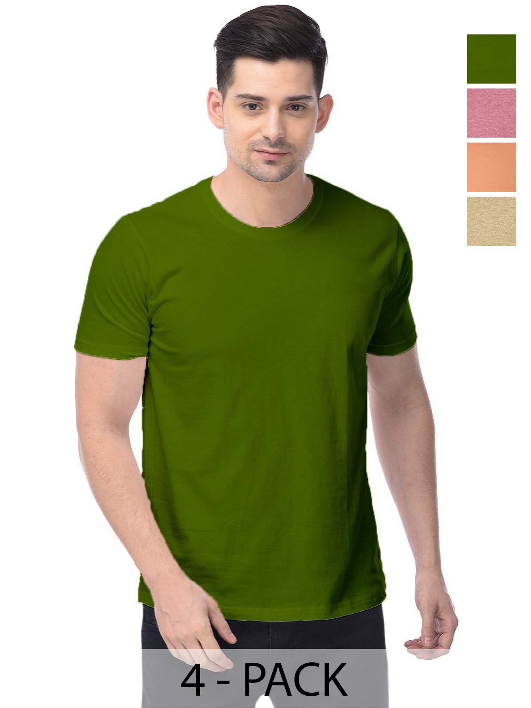 

COLOR CAPITAL Unisex Pack Of 4 Solid Round Neck Cotton T-shirts, Olive