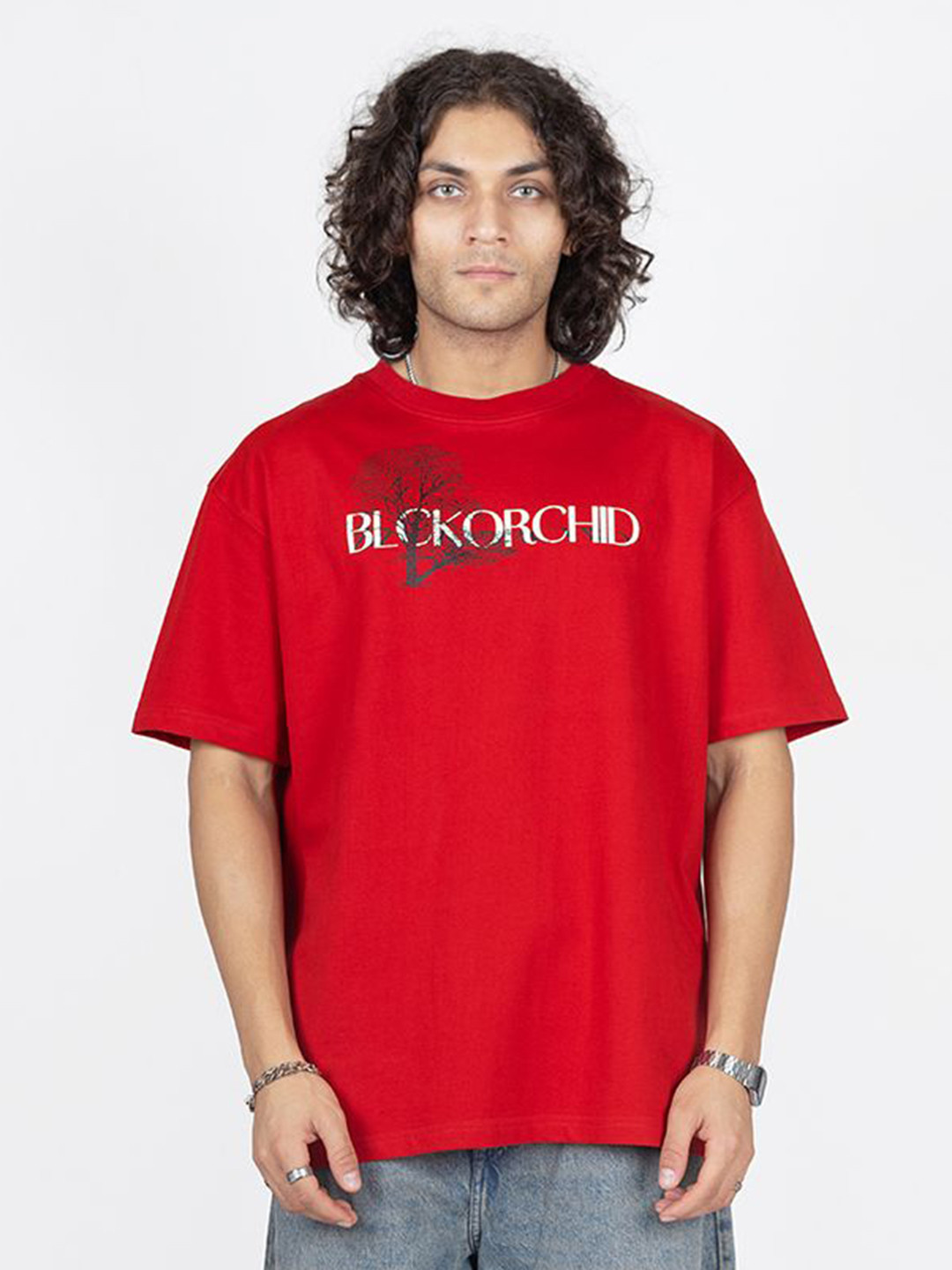 

BLCKORCHID Men Graphic Printed Round Neck Cotton Oversized T-shirt, Red