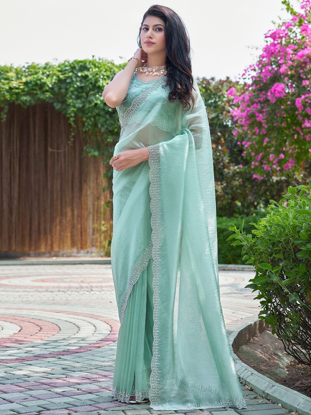 

Anouk Beads and Stones Organza Saree, Sea green